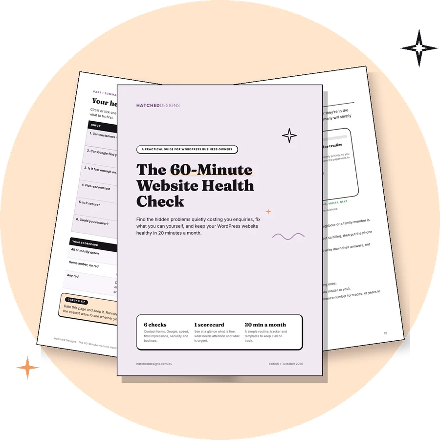 Cover of The 60-Minute Website Health Check guide by Hatched Designs