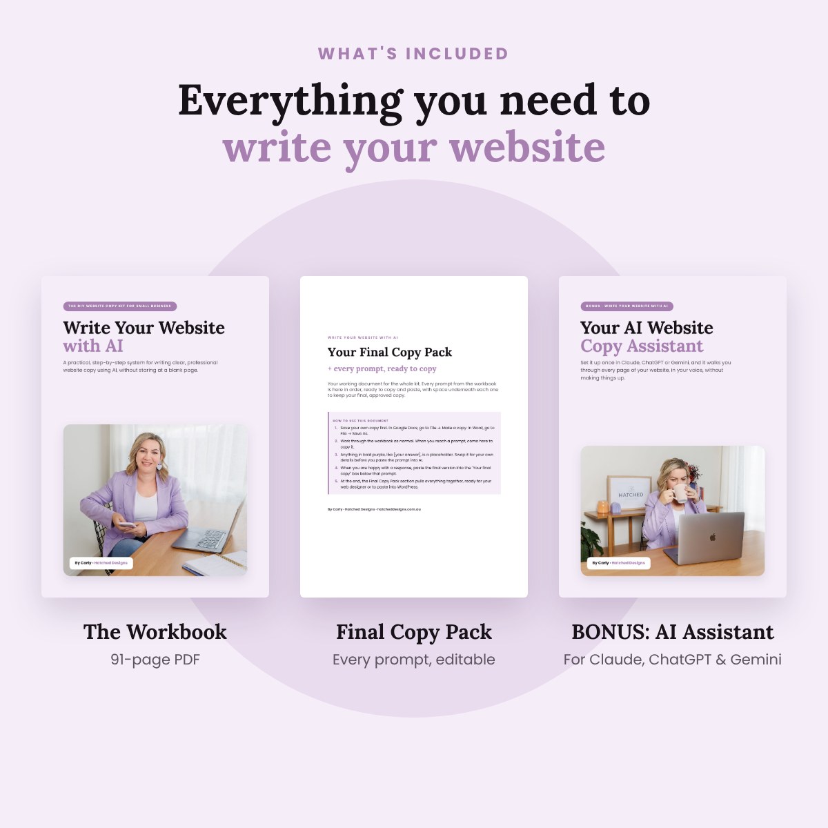 What is included: the 91-page workbook, the editable Final Copy Pack and the bonus AI Website Copy Assistant