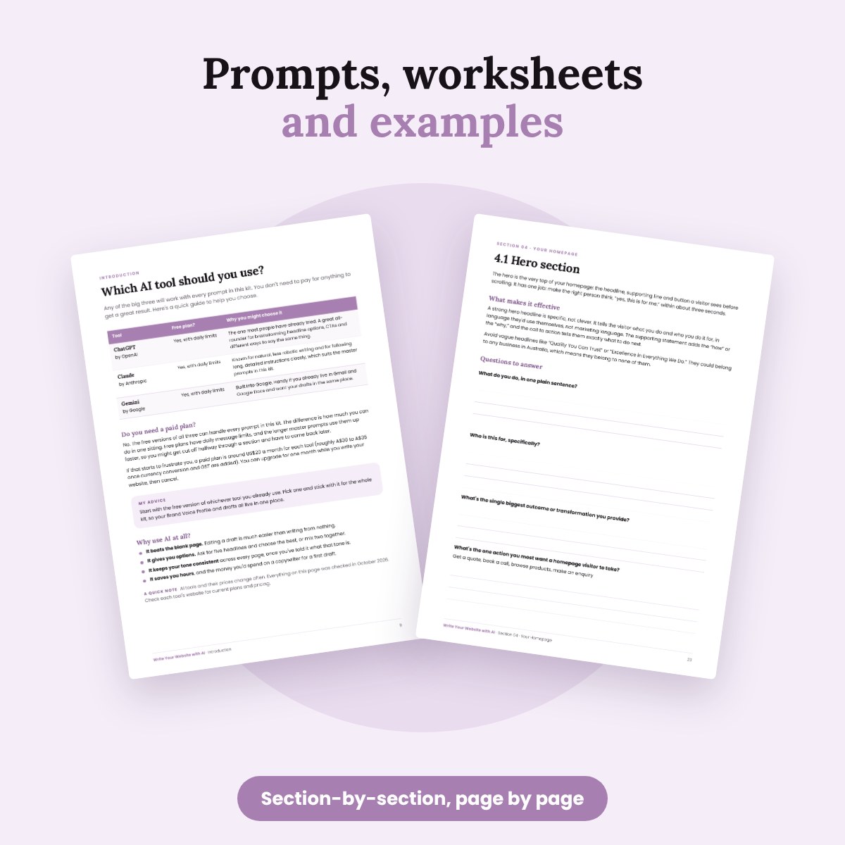 Inside the workbook: choosing an AI tool and the homepage hero section prompts and worksheet